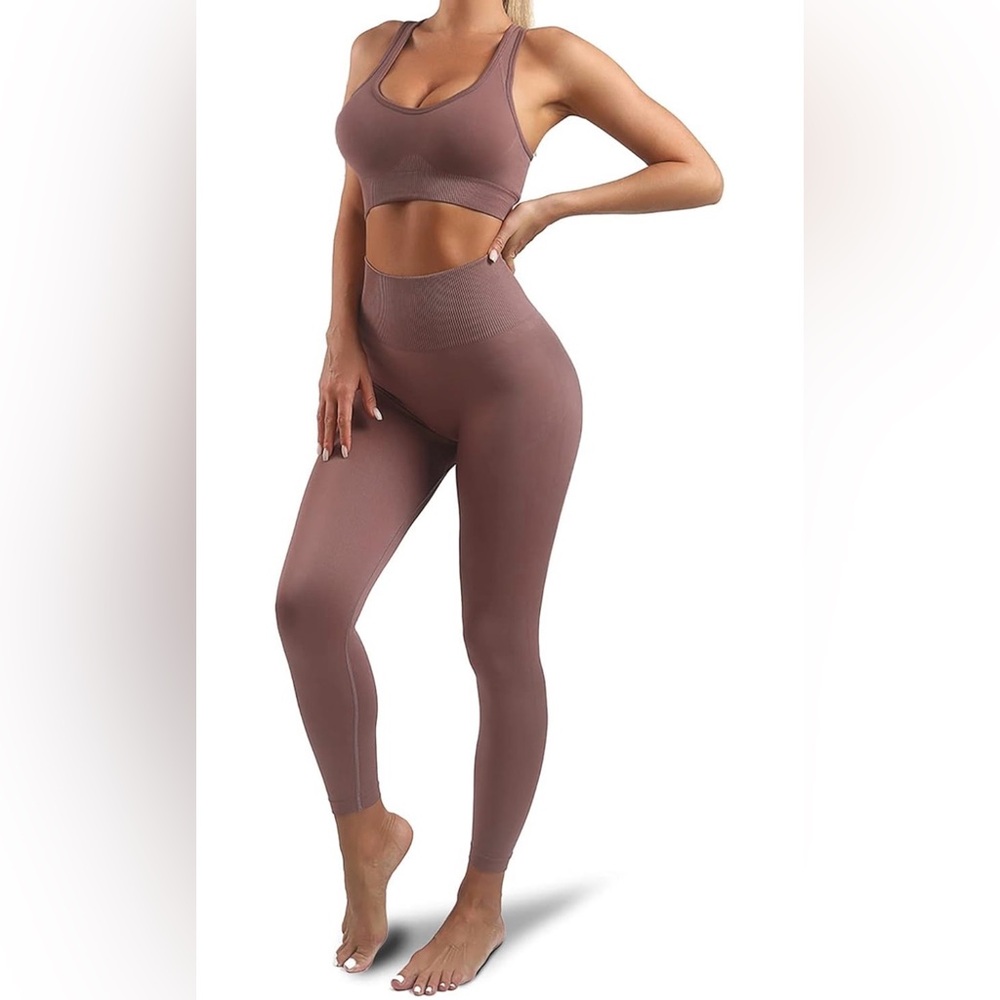 LINGDU Brown Sports Bra & Leggings Set S Nylon Elastane Athletic Stretch Yoga